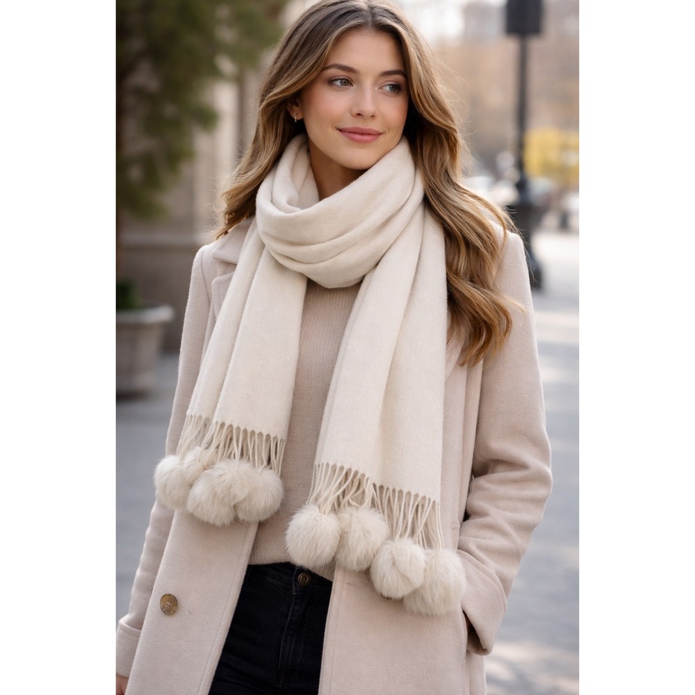 Pink Pineapple Ivory 100%‎ Wool Pashmina Scarf with Oversized Pom Pom Fringe